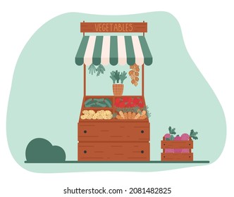 Ilustración vectorial con puesto de verduras. Papa y zanahoria. remolacha y pepino. Tomate y cebolla.