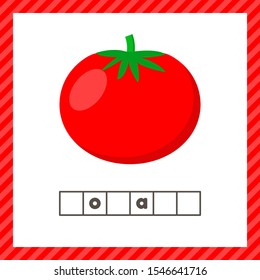 Vector illustration. Vegetable. Tomato. Educational logic worksheet for preschool and school age. Guess the word.