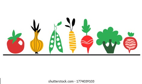 Vector illustration with vegetables. Artistic hand-drawing food isolated on white background. Healthy banner template for farming market fair. 
 and harvest. Natural organic vegetables 