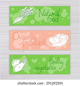 vector illustration of vegetables banners with circles on wooden backdrop. Carrot, tomato, cucumber, eggplant, pepper