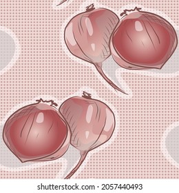 Vector illustration of vegetables beets on polka dot background. Seamless pattern