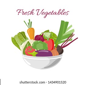 Vector illustration with vegetables in a bowl tomato, salad,cabbage, cauliflower, carrot, broccoli, beet, onion, paprika, eggplant. Healthy organic vegetarian and vegan food, raw meal. 