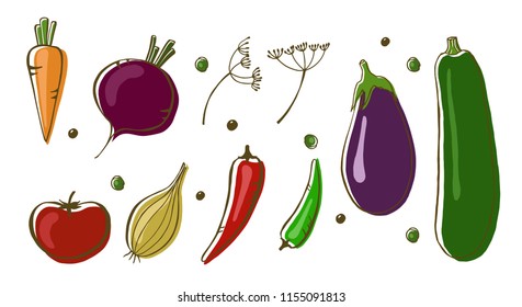 Vector illustration of vegetables: carrot, tomato, onion, peppers and beet. Design menu card for vegetarians, logo vegan shop. EPS10