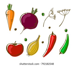 Vector illustration of vegetables: carrot, tomato, onion, peppers and beet. Design menu card for vegetarians, logo vegan shop. EPS10