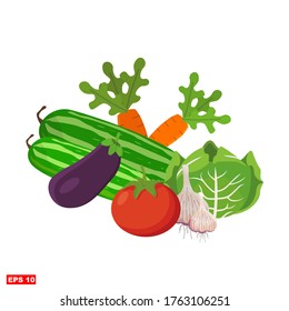 
vector illustration of Vegetables. illustration of carrots, cabbage, garlic, eggplant, tomatoes and cucumber in a flat style.vector illustration,Editable. Can be used for greeting cards, covers, flye
