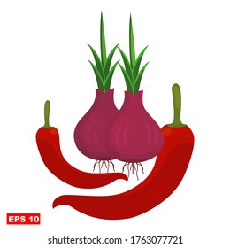 vector illustration of Vegetables, Chilli pepper and shallot.  Flat style illustration of a chili pepper and shallot.Can be used for covers, flyers, posters, business cards and the web.