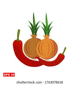 vector illustration of Vegetables, Chillies and onions. illustration of 2 chili peppers and 2 onions in a flat style.Can be used for covers, flyers, posters, business cards and the web.