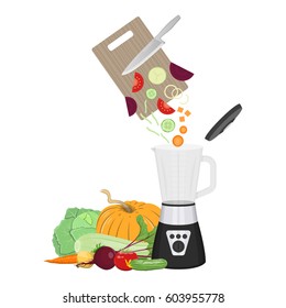 Vector illustration of vegetables chopping by mixer on white background. Healthy food preparing topic.