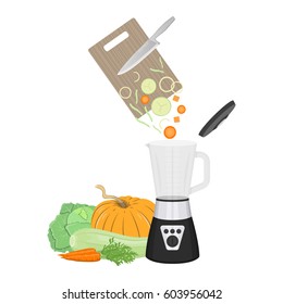 Vector illustration of vegetables chopping by mixer on white background. Healthy food preparing topic.