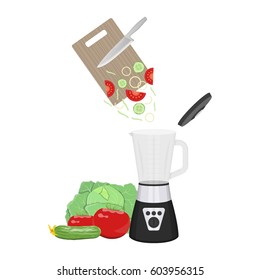 Vector illustration of vegetables chopping by mixer on white background. Healthy food preparing topic.