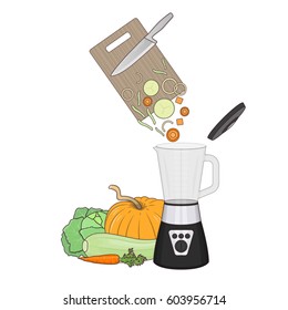 Vector illustration of vegetables chopping by mixer on white background. Healthy food preparing topic.