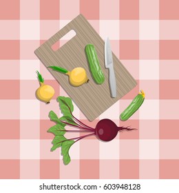 Vector illustration of vegetables chopping on a cutting board on tablecloth background. Kitchen and food preparation topic. 