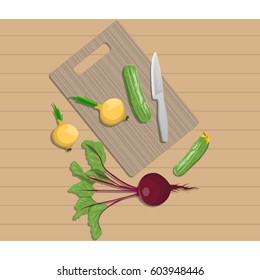 Vector illustration of vegetables chopping on a cutting board on table background. Kitchen and food preparation topic. 