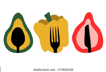Ilustración vectorial con verduras y cubiertos. Icono artístico de dibujo a mano aislado en fondo blanco. Plantilla de banner ecológico para el mercado agrícola, hadas, cosecha, comestibles, restaurantes, cafés