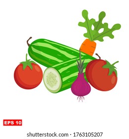 verduras. ilustración de berenjenas, tomates, zanahorias y pepinos en un estilo plano