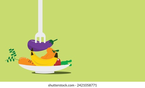 vector illustration of of vegetables and fruits being skewered with a fork, suitable for vegetarian content and a healthy lifestyle