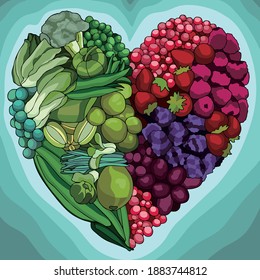 Vector illustration of vegetables and fruits forming a heart