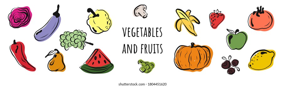Vector illustration with vegetables and fruits horizontal banner. colorful compositions of whole and sliced fresh vegetables and fruits in a realistic illustration style.banner with space for text