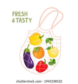 Vector illustration of vegetables and fruits in zero waste string bag isolated on white. Healthy cartoon different fresh food in cartoon style, eat local organic products.