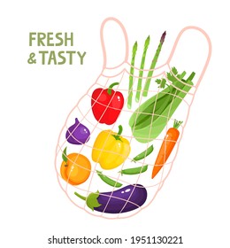 Vector illustration of vegetables and fruits in zero waste string bag isolated on white. Healthy cartoon different fresh food in cartoon style, eat local organic products.