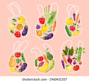 Vector illustration of vegetables and fruits in zero waste string bag