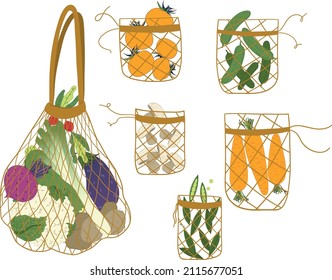 Vector illustration of vegetables and fruits in zero waste string bag isolated on white. Healthy cartoon different fresh food in cartoon style, fresh and tasty organic products.