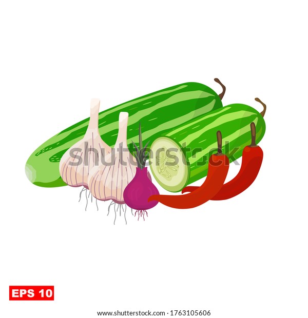 \
vector illustration of Vegetables. illustration of\
garlic, onion, chili and cucumber in a flat style.Can be used for\
greeting cards, covers, flyers, posters, business cards and the\
web.