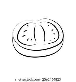 Vector illustration. Vegetables icons, classic line series. Sketch style. Halves, slices, rings and leaf of tomatoes. Hand drawn kitchen ingredients template for culinary themes.