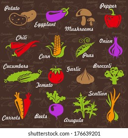 Vector illustration of vegetables icons. Potato; eggplant; mushrooms; pepper; chili; sweet corn; peas; onion; cucumber; tomato; garlic; broccoli; carrot; beets; arugula; scallion 