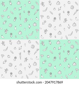 Ilustración vectorial. Iconos de verduras sobre fondo verde claro y blanco. Diseño de cocina. Cosecha de verduras frescas. Patrón transparente