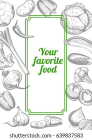 Vector illustration of the vegetables in ink drawn style with copyspace for your text. Grey engraving style with bright green accent.