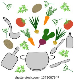 Vector illustration with vegetables and kitchen utensils, artistic. Healthy ingredients for eating. Appetizing postcard illustration for the kitchen.