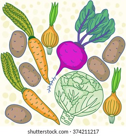 vector illustration with vegetables on light yellow background. beet, onion, potato, carrot, cabbage.