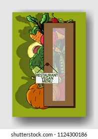 Vector illustration of vegetables outside the restaurant door and your simple text. Cover template for brochures, posters, banners, postcards.