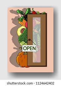 Vector illustration of vegetables outside the restaurant door and your simple text. Cover template for brochures, posters, banners, postcards.