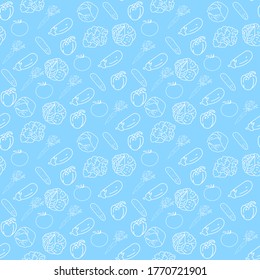 ilustraciones vectoriales de forma transparente. Verduras de la línea dibujadas a mano. Fondo azul. Imagen para papel textil y tapiz