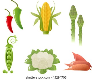 Vector illustration of Vegetables Set including corn, pepper, asparagus, green peas, sweet potato and cauliflower