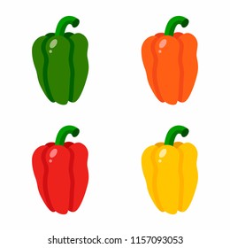 Vector illustration of vegetables. Set of red, yellow, green, orange bell peppers. Flat style. Isolated on white