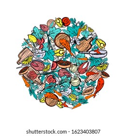 Vector illustration: vegetables, spices, herbs, dishes, inscribed in a circle, can be used as an advertisement for a restaurant or market, vegetables, fish. Printing on textile, paper.