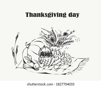 Vector illustration of vegetables. Thanksgiving day illustration. Thanksgiving day card. Pumpkin. Black and white background with vegetables and flower. Sketch harvest 