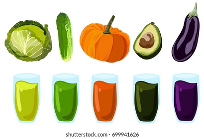 Vector illustration of vegetables and vegetable juices on white background. Healthy vegan food. Element for design.