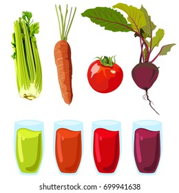Vector illustration of vegetables and vegetable juices on white background. Healthy vegan food. Element for design.
