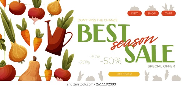 Vector illustration with vegetables, watering can and Best Season Sale text on white background. Horizontal banner for eco-friendly shopping and organic food promotion