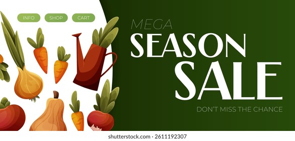 Vector illustration with vegetables, watering can and Mega Season Sale text on white and dark green background. Horizontal banner for eco-friendly shopping and organic food promotion