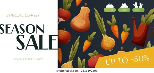 Vector illustration with vegetables, watering can and Season Sale text on white and dark blue background. Horizontal banner for eco-friendly shopping and organic food promotion