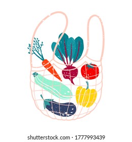 Vector illustration of vegetables in zero waste string bag isolated on white. Healthy cartoon different stylized vegetables in print flat style, eat local organic products.