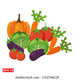 
vector illustration of Vegetables.carrots, cabbage, pumpkin, eggplant and tomatoes. illustration of carrots, pumpkin, cabbage, eggplant and tomatoes in flat style. 