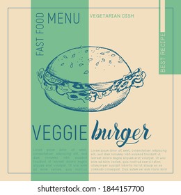 Vector illustration of a vegetarian Burger in the style of a sketch on a craft background. Template for labels of vegetarian dishes.