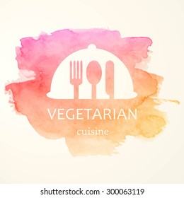 Vector Illustration of a Vegetarian Food Emblem Design on a Watercolor Background