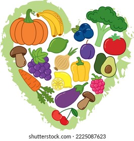 Vector Illustration of vegetarian food, heart is lined with vegetables, fruits and berries